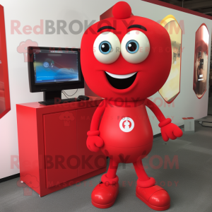 Red Television mascot costume character dressed with a Bodysuit and Shoe laces
