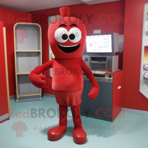 Red Television mascot costume character dressed with a Bodysuit and Shoe laces