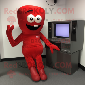 Red Television mascot costume character dressed with a Bodysuit and Shoe laces