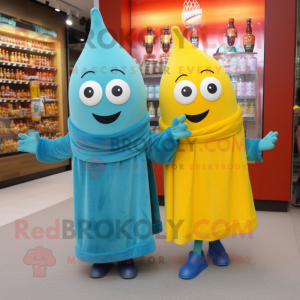 Turquoise Bottle Of Mustard mascot costume character dressed with a Boyfriend Jeans and Shawls