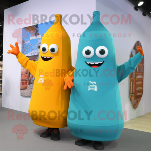 Turquoise Bottle Of Mustard mascot costume character dressed with a Boyfriend Jeans and Shawls