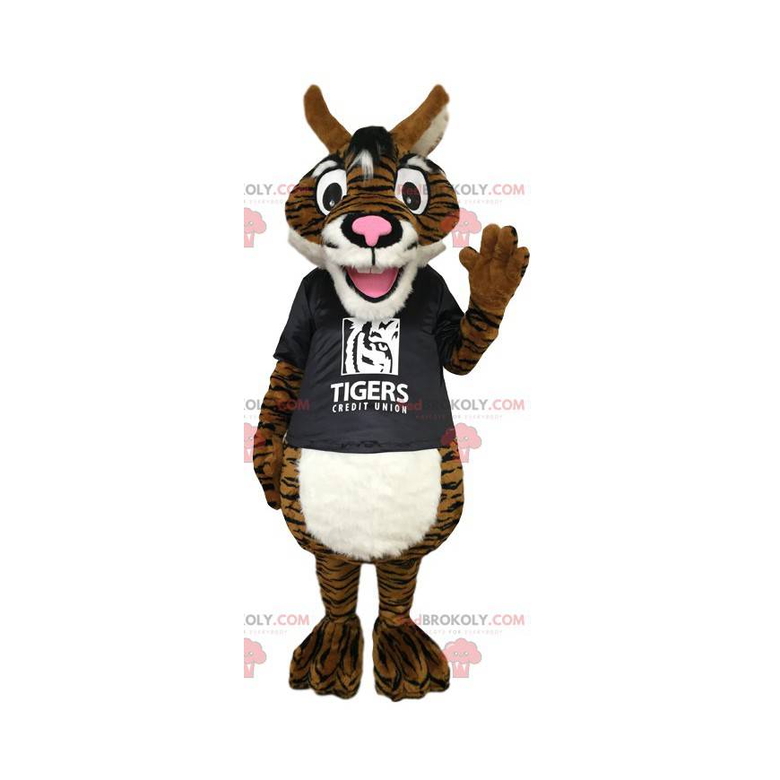 Brown Tiger Maskottchen mit einem schwarzen T-Shirt -