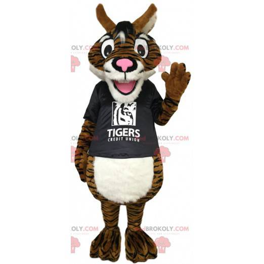 Brown Tiger Maskottchen mit einem schwarzen T-Shirt -