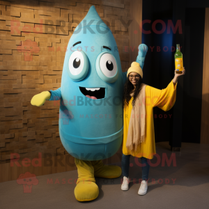 Turquoise Bottle Of Mustard mascot costume character dressed with a Boyfriend Jeans and Shawls