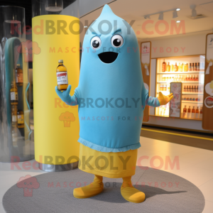 Turquoise Bottle Of Mustard mascot costume character dressed with a Boyfriend Jeans and Shawls