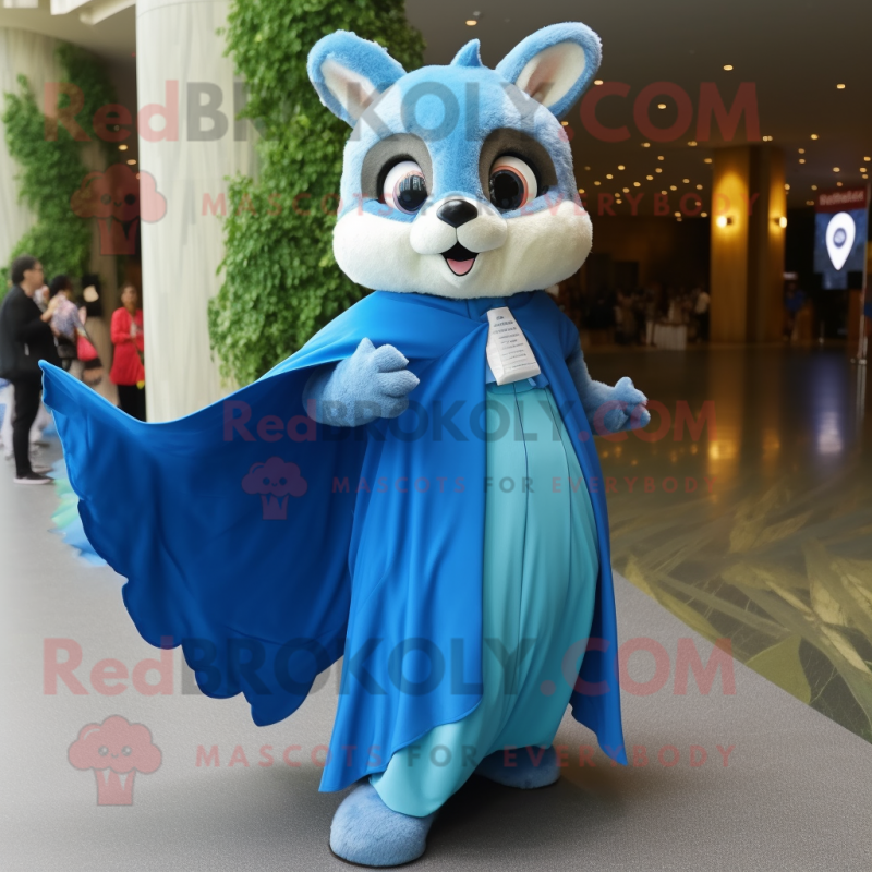 Blue Flying Squirrel mascot costume character dressed with a A-Line Dress and Shawls