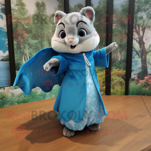 Blue Flying Squirrel mascot costume character dressed with a A-Line Dress and Shawls