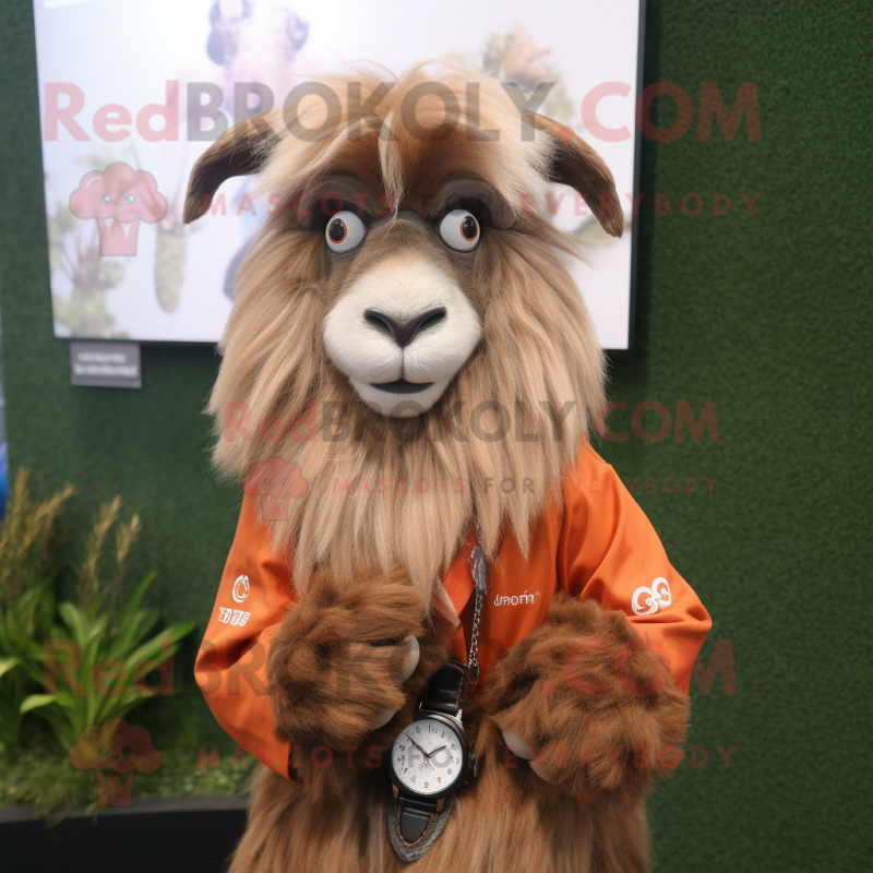 Brown Angora Goat mascot costume character dressed with a Blouse and Bracelet watches