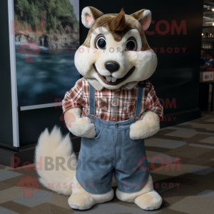 Cream Squirrel mascot costume character dressed with a Flannel Shirt and Belts