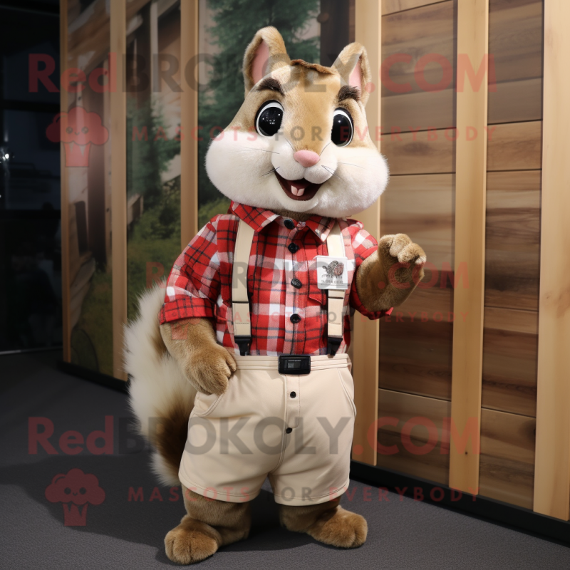 Cream Squirrel mascot costume character dressed with a Flannel Shirt and Belts