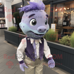 Lavender Cod mascot costume character dressed with a Henley Shirt and Ties