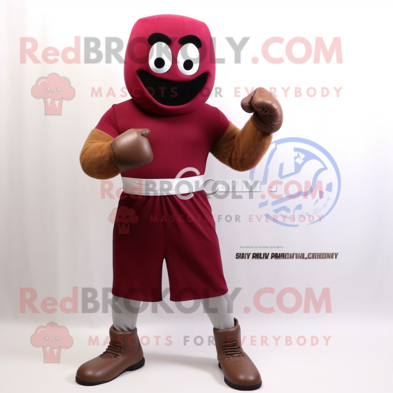 Maroon Boxing Glove mascot costume character dressed with a Jumpsuit and Bracelet watches
