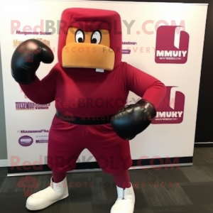 Maroon Boxing Glove mascot costume character dressed with a Jumpsuit and Bracelet watches