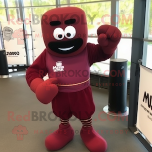 Maroon Boxing Glove mascot costume character dressed with a Jumpsuit and Bracelet watches