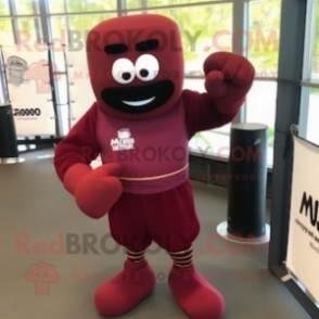 Maroon Boxing Glove mascot costume character dressed with a Jumpsuit and Bracelet watches