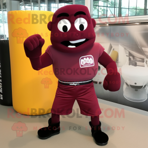 Maroon Boxing Glove mascot costume character dressed with a Jumpsuit and Bracelet watches