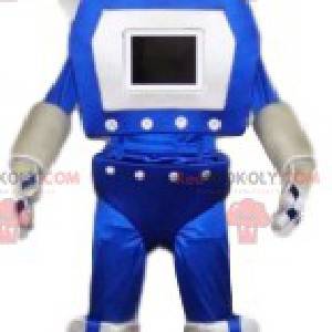 Mascotte de robot rigolo bleu et blanc. Costume de robot -
