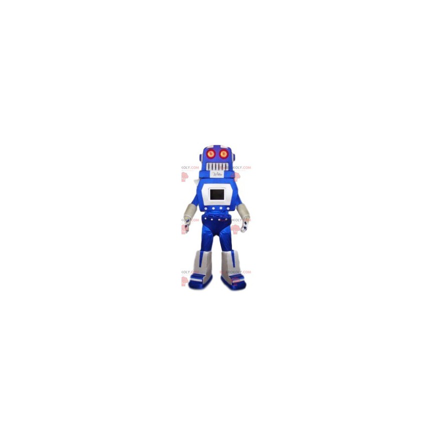 Mascotte de robot rigolo bleu et blanc. Costume de robot -