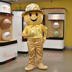 Gold Golf Ball mascot costume character dressed with a Jeggings and Hat pins