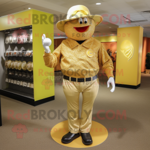 Gold Golf Ball mascot costume character dressed with a Jeggings and Hat pins