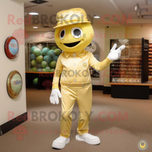 Gold Golf Ball mascot costume character dressed with a Jeggings and Hat pins