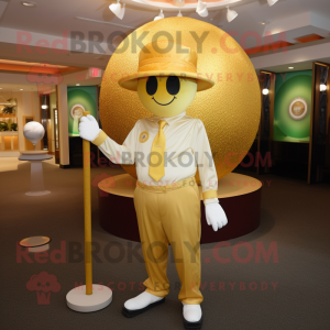 Gold Golf Ball mascot costume character dressed with a Jeggings and Hat pins