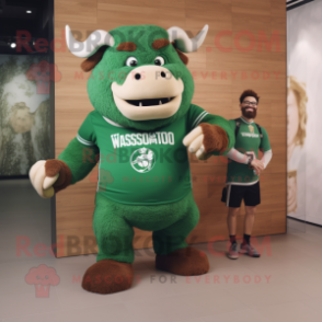 Green Bison mascot costume character dressed with a T-Shirt and Watches