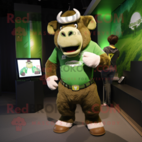 Green Bison mascot costume character dressed with a T-Shirt and Watches