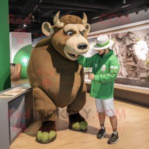 Green Bison mascot costume character dressed with a T-Shirt and Watches