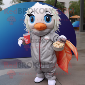 Cream Betta Fish mascot costume character dressed with a Windbreaker and Coin purses