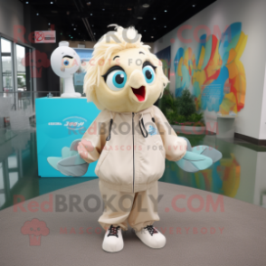 Cream Betta Fish mascot costume character dressed with a Windbreaker and Coin purses