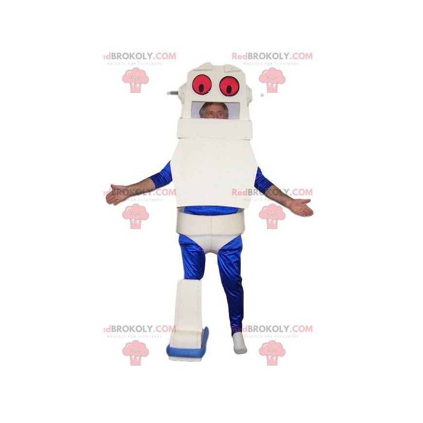 Maskot bílý a modrý robot. Kostým robota - Redbrokoly.com