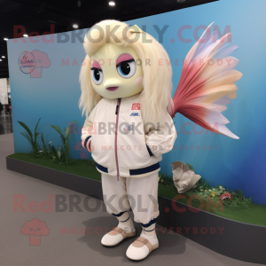 Cream Betta Fish mascot costume character dressed with a Windbreaker and Coin purses