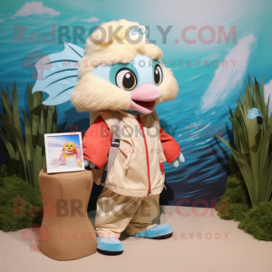 Cream Betta Fish mascot costume character dressed with a Windbreaker and Coin purses