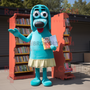 Teal Hot Dog mascot costume character dressed with a Mini Dress and Reading glasses