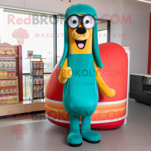 Teal Hot Dog mascot costume character dressed with a Mini Dress and Reading glasses