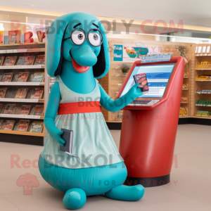 Teal Hot Dog mascot costume character dressed with a Mini Dress and Reading glasses