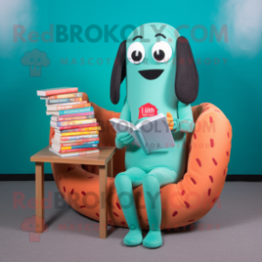 Teal Hot Dog mascot costume character dressed with a Mini Dress and Reading glasses