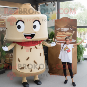 Beige Burgers mascot costume character dressed with a Shift Dress and Scarves