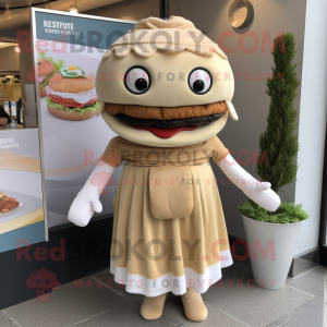 Beige Burgers mascot costume character dressed with a Shift Dress and Scarves