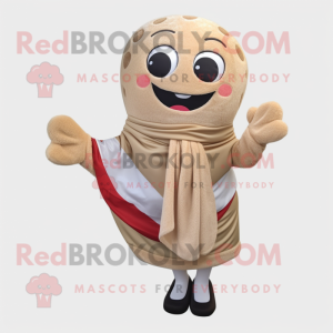 Beige Burgers mascot costume character dressed with a Shift Dress and Scarves