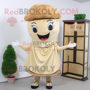 Beige Burgers mascot costume character dressed with a Shift Dress and Scarves