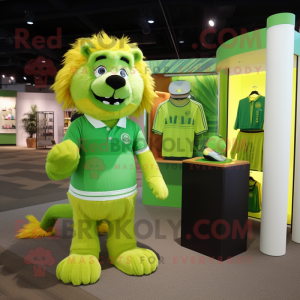 Lime Green Tamer Lion mascot costume character dressed with a Polo Shirt and Wallets