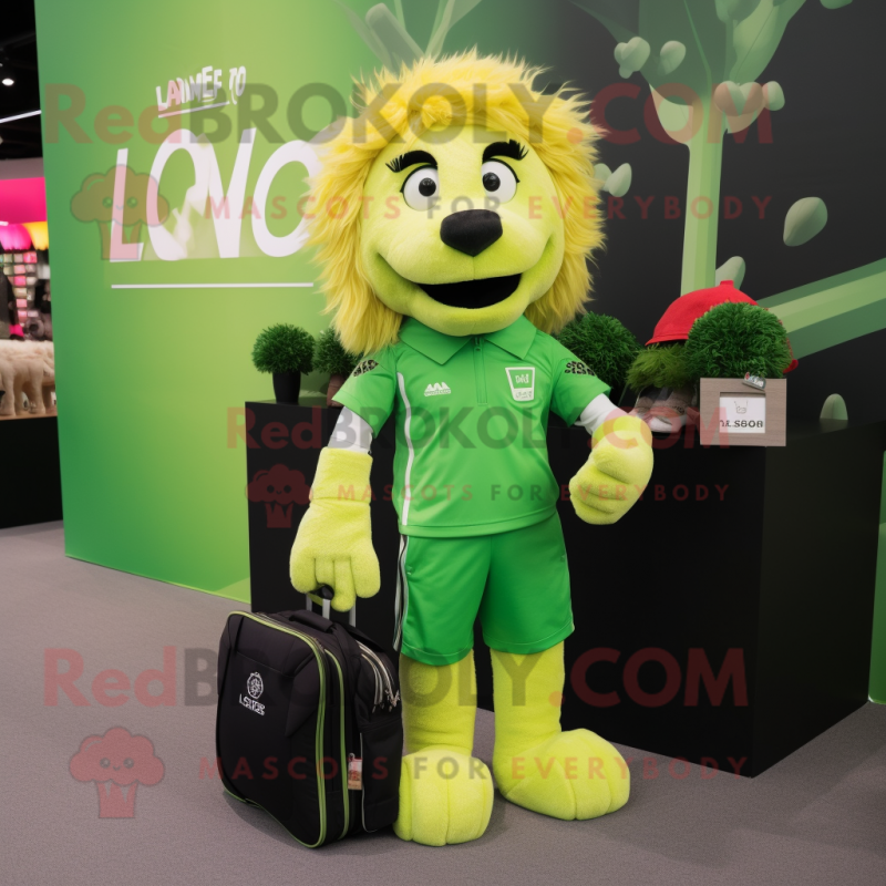 Lime Green Tamer Lion mascot costume character dressed with a Polo Shirt and Wallets Lime Green Tamer Lion mascot costume character dressed with a Polo Shirt and Wallets