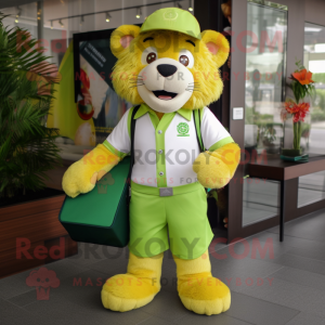 Lime Green Tamer Lion mascot costume character dressed with a Polo Shirt and Wallets