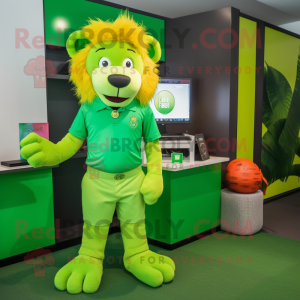 Lime Green Tamer Lion mascot costume character dressed with a Polo Shirt and Wallets