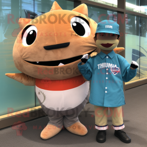 Tan Tuna mascot costume character dressed with a Long Sleeve Tee and Watches