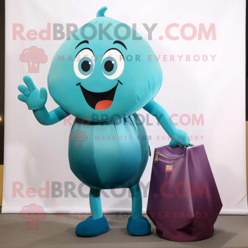 Teal Plum mascot costume character dressed with a Tank Top and Clutch bags