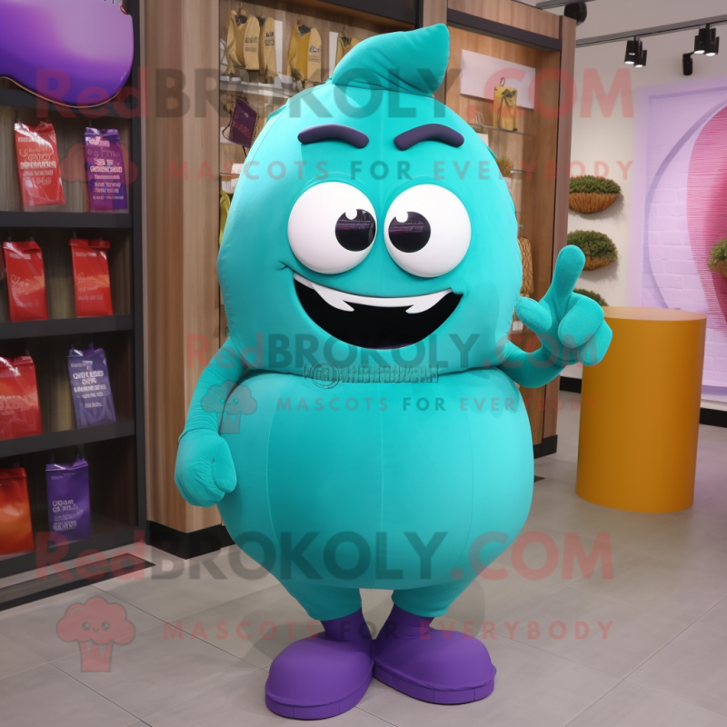 Teal Plum mascot costume character dressed with a Tank Top and Clutch bags Teal Plum mascot costume character dressed with a Tank Top and Clutch bags