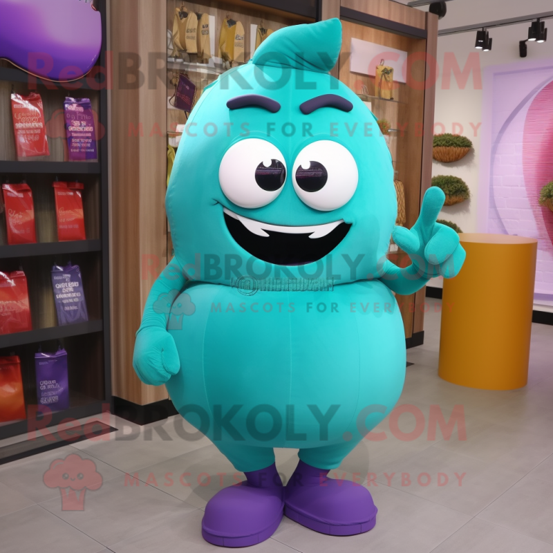 Teal Plum mascot costume character dressed with a Tank Top and Clutch bags